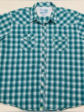 WRANGLER 20X Competition Men’s Teal Plaid Western Short Sleeve Button Down Shirt